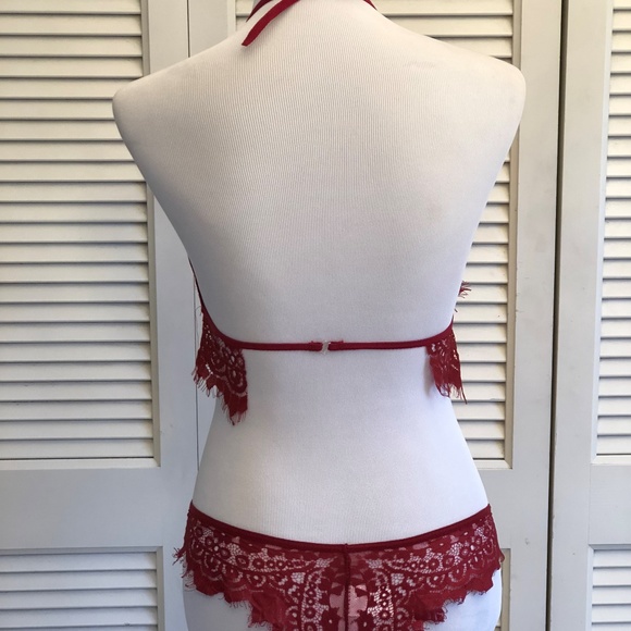 New Burgundy Lace Halter Lingerie Set - Picture 3 of 5